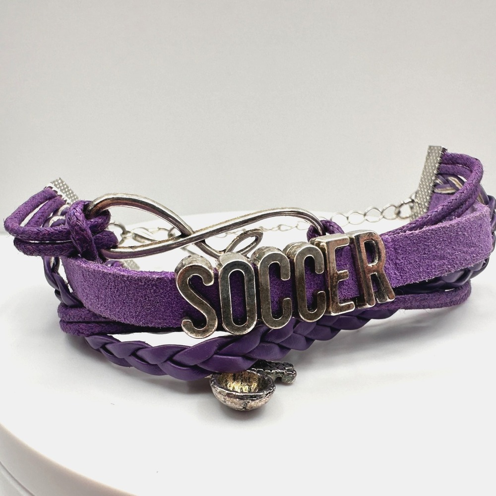 Vintage 90s Purple Leather Soccer Bracelet Infinity Love Sports Charm Adjustable